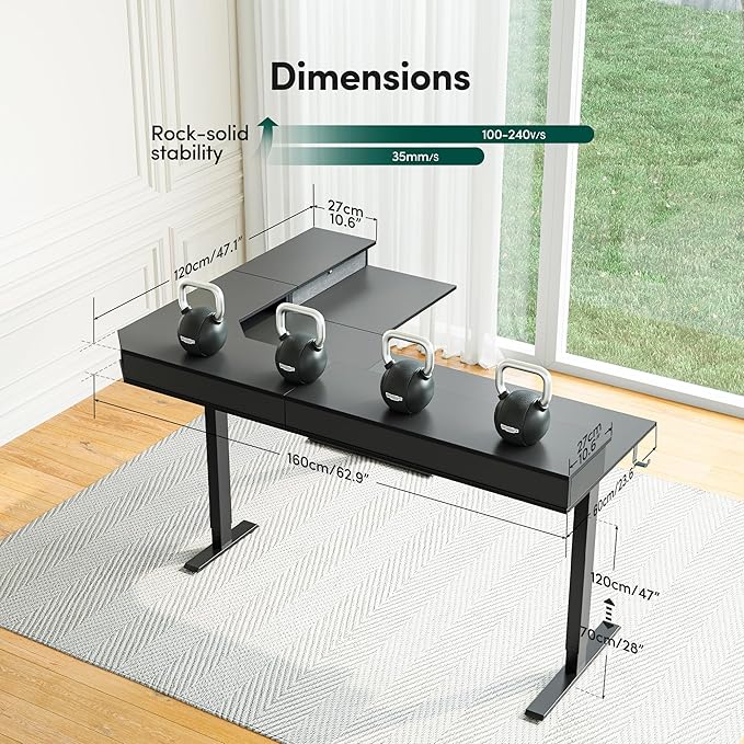 CubiCubi 63x48 Inches L Shaped Standing Desk with 3 Drawers and Monitor Shelf, Height Adjustable Corner Computer Desk with Hooks, Sit Stand Up Ergonomic Home Office Workstation Table, Black