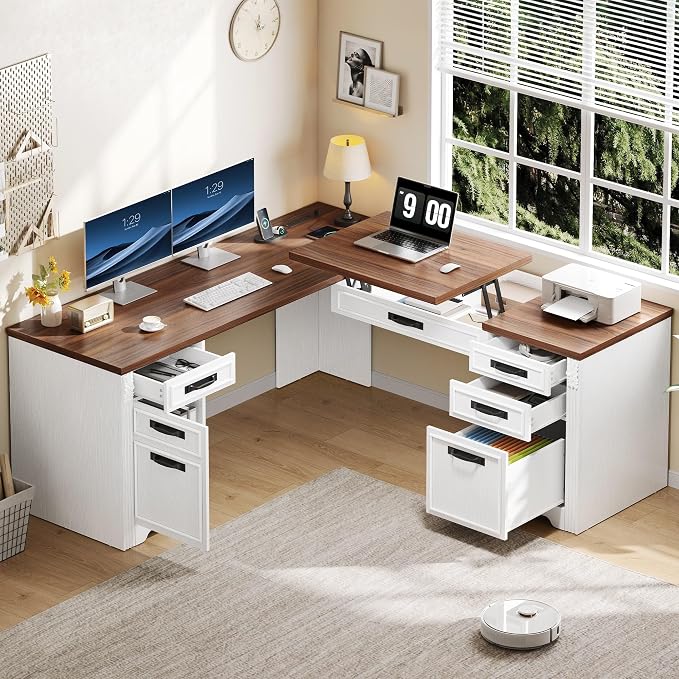 YITAHOME L Shaped Executive Desk with Lift Top & Drawers | Lift Top & Drawers, Farmhouse Corner Computer Desk, Power Outlets, Carved Design Wood, Storage Cabinet