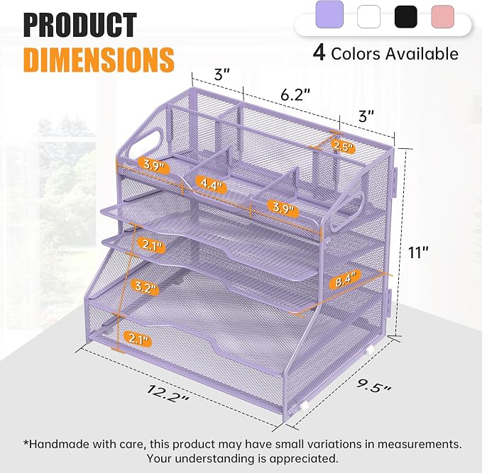 YINGHUA 5-Tier Mesh Desk Organizer, Letter Tray - Purple | Sturdy steel mesh with 3 sliding trays, 2 handles, 6 adjustable top sections. U-shaped design for easy access to office files