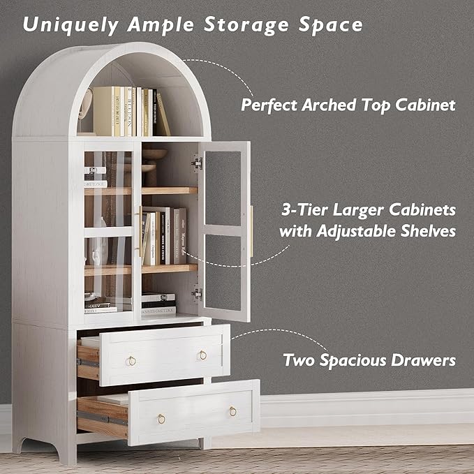 71" Arched Storage Cabinets with Glass Doors, Farmhouse Kitchen Pantry Cabinet with 2 Large Drawers, Tall Bookcase with Adjustable Shelves, Curio Cabinet, Display Cabinet(White)