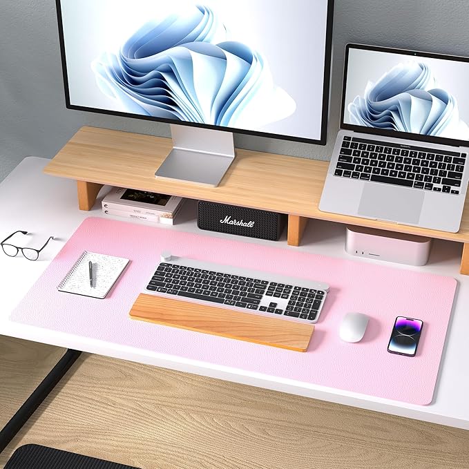 Aothia Leather Desk Pad Protector, Mouse Pad, Office Desk Mat, Non-Slip PU Leather Desk Blotter, Laptop Desk Pad, Waterproof Desk Writing Pad for Office and Home (23.6" x 13.7", Fairy Pink)