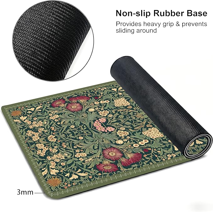 Cute Floral Aesthetic Daisy Gaming Mouse Pad, Dark Green Rug Desk Mat with Anti-Slip Base & Stitched Edges, Computer Keyboard & Laptop Pad, 35.4" x 15.7" in in Workstation Accessories