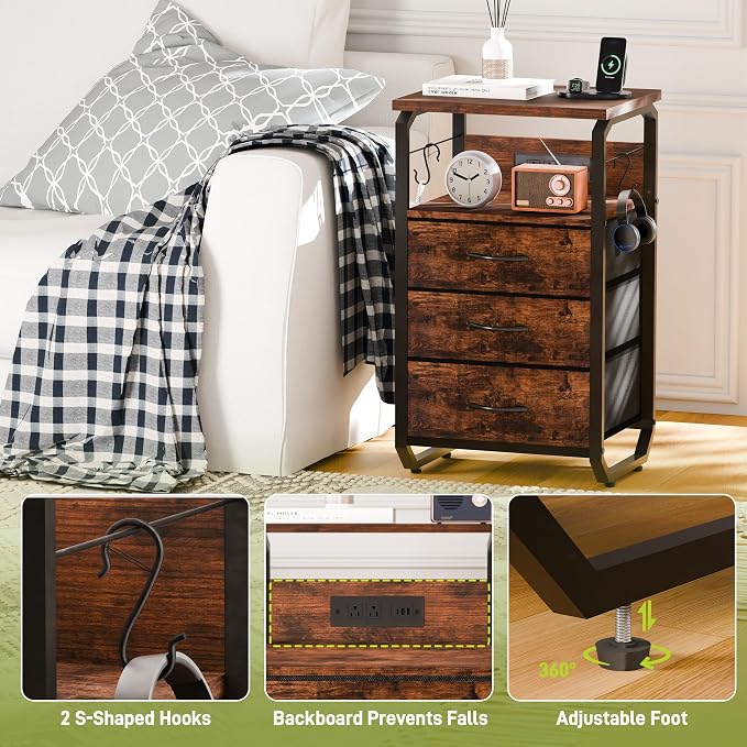 runjuly End Table with LED Light, Charging Station, and Hooks, Rustic Brown | 3 Fabric Drawers Storage, Type C & USB Ports & Power Outlets, Industrial Wood, Small Nightstand for Living Room / Bedroom