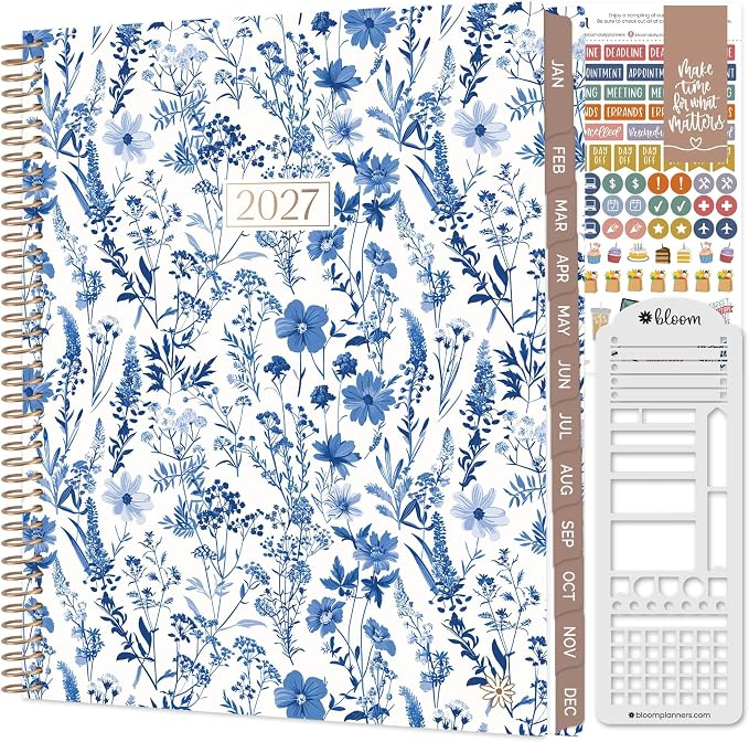 bloom daily planners 2027 Planner for Women (8.5" x 11") - Weekly & Monthly Calendar Year (January to December) Softcover Agenda Book Organizer with Stickers & Stencil - Blue & White Floral