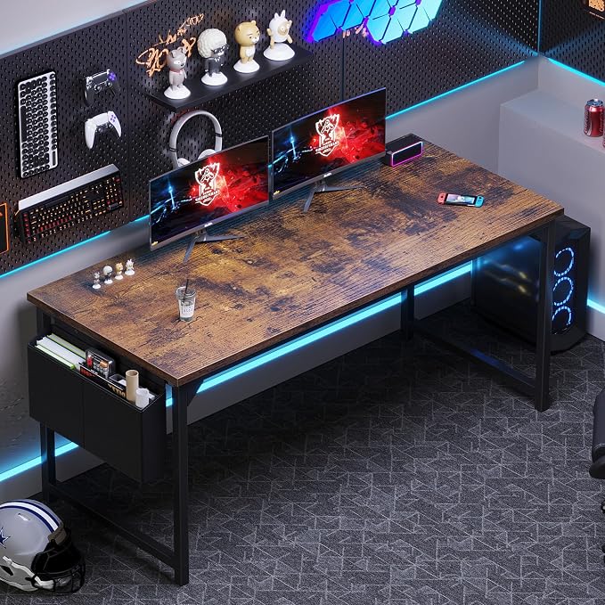 OLIXIS Computer Desk, 63 Inch Gaming Desks for Home Office Small Spaces | Writing Study Craft Work Table, Computer Workstation for Bedroom with Storage Bag, Rustic Brown