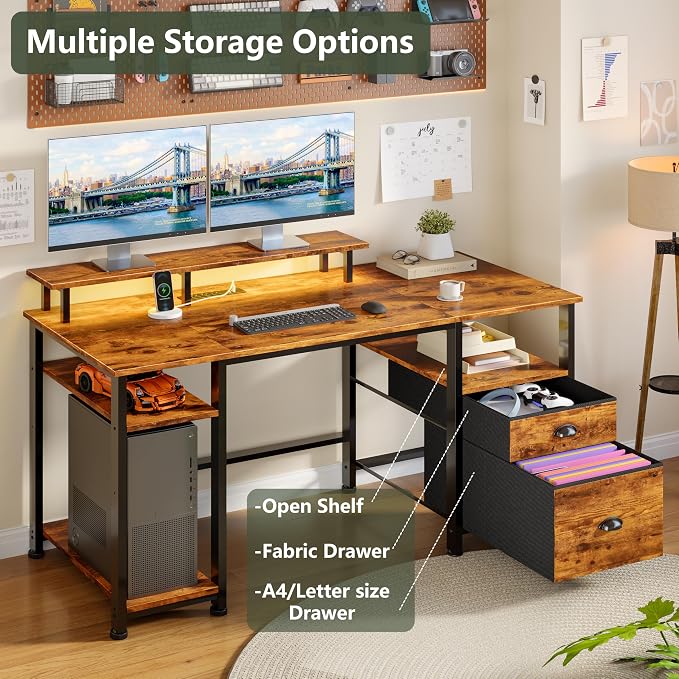 Furologee 51" Computer Desk with Outlets & LED, Desk with Drawers, Brown | Reversible Computer Desk for Office, AC Outlets & USB, Drawer & File Cabinet, Ergonomic Monitor Stand, Adjustable Shelf
