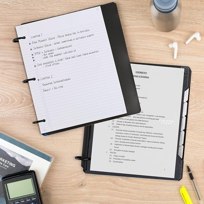 Five Star Flex Refillable Notebook + Study App,College Ruled Paper and 1 Inch TechLock Ring Binder with Customizable Cover,Pockets,Tabs and Dividers,200 Sheet Capacity,Black (29326AA2) (Pack of 6)