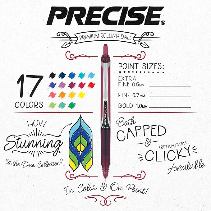 PILOT Precise V5 Extra-Fine Premium Rolling Ball Stick Pens, 0.5mm, Assorted Colors, 8 Count