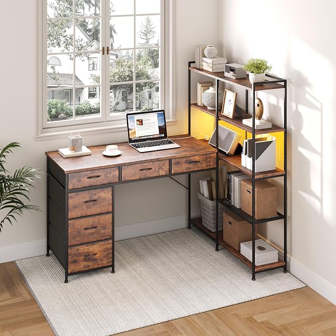 L Shaped Gaming Desk with Power Outlet & RGB Lights, Corner Computer Desk with 6 Drawers 5-Tier Shelves, PC Workstation with USB/Type-c Charging for Home Office, Black
