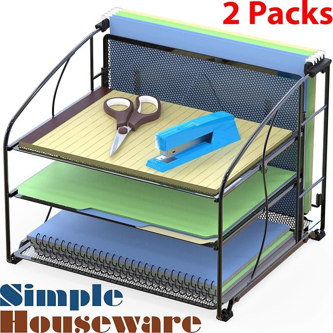 Simple Houseware 3-Tier Desk Organizer with Sliding Drawer, Black, 2-Pack