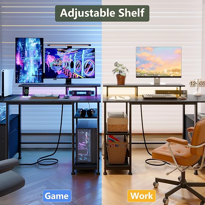 Furologee 61" Gaming Desk with Outlets & LED, Large Computer Desk, Black | AC Outlets & USB, Ergonomic Monitor Stand, Drawer & File Cabinet, Adjustable Shelf, Reversible Table for Bedroom, Dorm