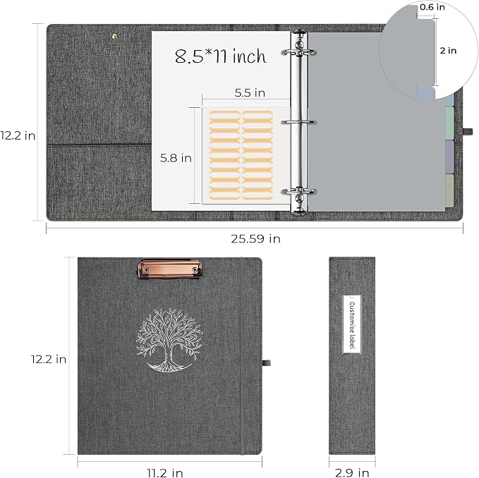 EYROZILL 3 Ring Binder 2 Inch, Binder for Letter Size (11" x 8.5") with 5 Tab Dividers, File Folder Labels and Low Profile Clipboards, Life Tree