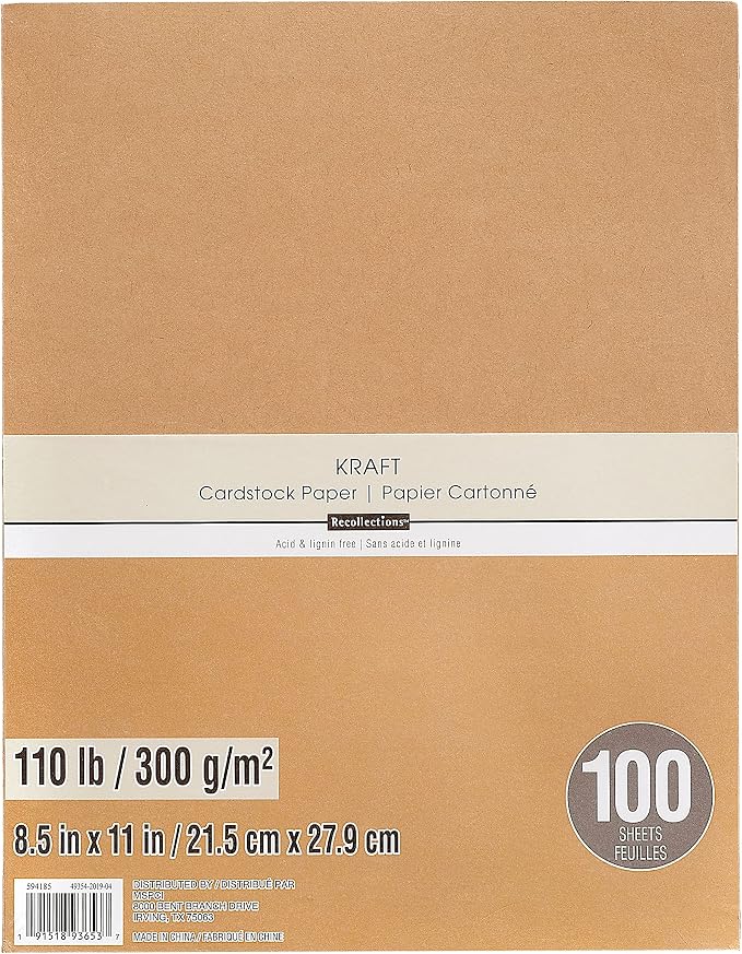 Recollections 100 Sheets Kraft 8.5” x 11” Cardstock Paper - Acid and Lignin Free Paper for Scrapbooks, Arts & Crafts - 1 Pack