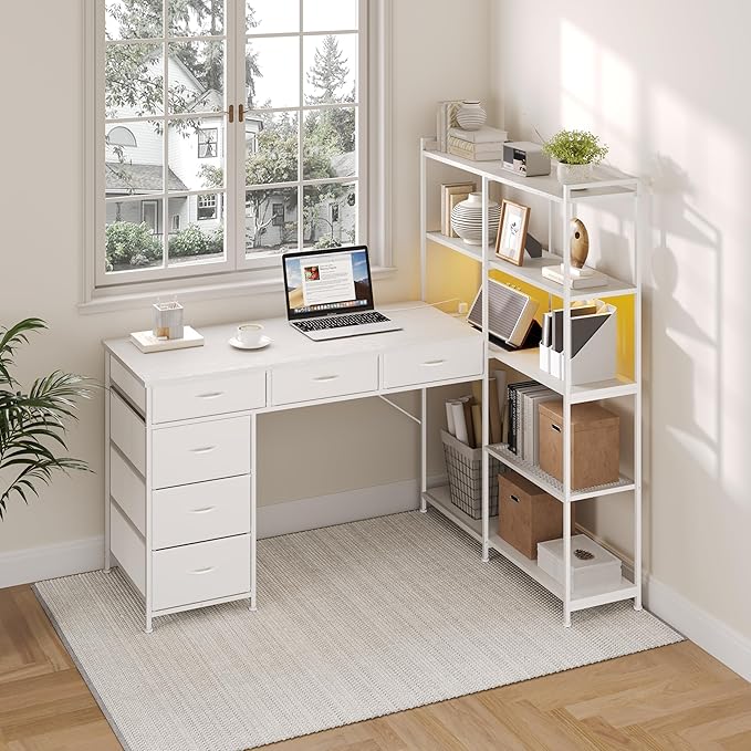 Garvee L Shaped Gaming Computer Desk with 6 Fabric Drawers, Corner Gaming Desk with Open Shelves, Home Office PC Table with Power Outlets & LED Lights, 58.3" l*54.3" h, White