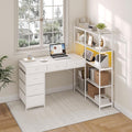 Garvee L Shaped Gaming Computer Desk with 6 Fabric Drawers, Corner Gaming Desk with Open Shelves, Home Office PC Table with Power Outlets & LED Lights, 58.3" l*54.3" h, White
