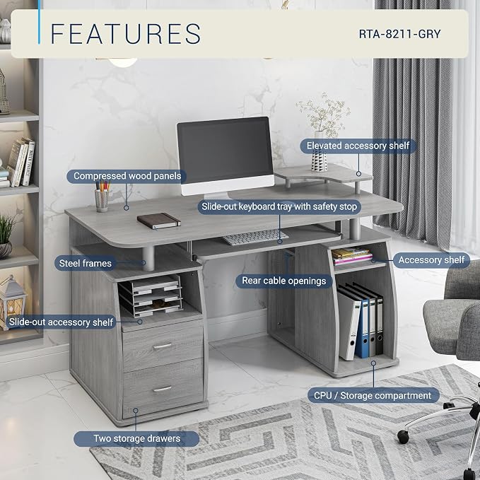 Techni Mobili 47" Computer Desk w/Drawers, Storage & Printer Shelf, Grey | 47" desk with drawers, printer shelf, pull‑out keyboard tray, open storage, sturdy frame, spacious workstation home office