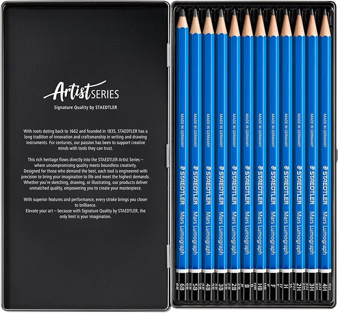 STAEDTLER Mars Lumograph Art Drawing Pencils – Sustainable,Break-Resistant Graphite,Metal Case,12 Count (Pack of 2)