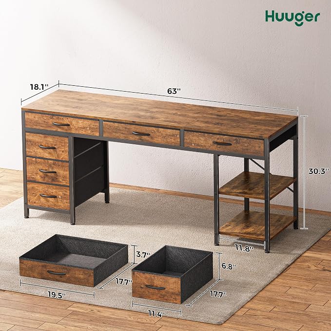 Huuger Computer Desk with 6 Drawers, Office Desk with Shelves, Reversible Gaming Desk, Large Corner Desk with Storage, Work for Home Office, Study, Living Room, 63inch, Rustic Brown