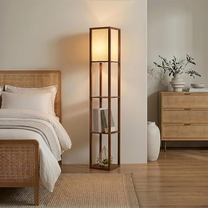 Brightech Maxwell - Modern Shelf Floor Lamp with Lamp Shade & Warm White LED Bulb, Corner Display Floor Lamp with Shelves for Living Room, Bedroom, Nightstand Office, Home Decor Storage - Havana Brown