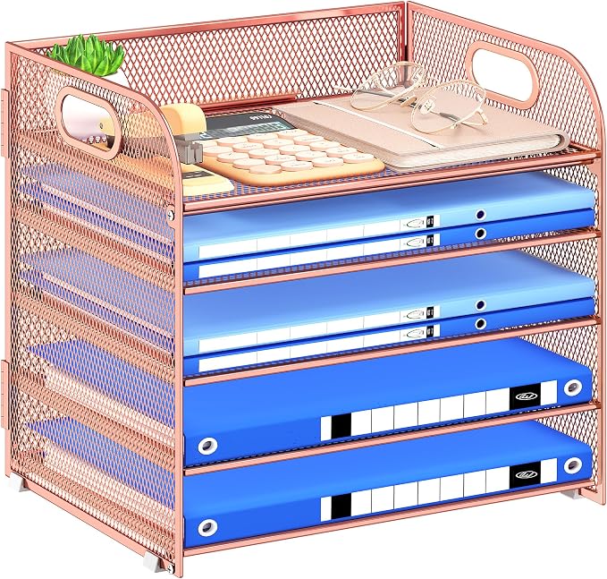 Paper Organizer Letter Tray with Handle Mesh 5 Trays | Desk File Organizer Paper Sorter Desk Organizer for Office, Home or School-Rose Gold