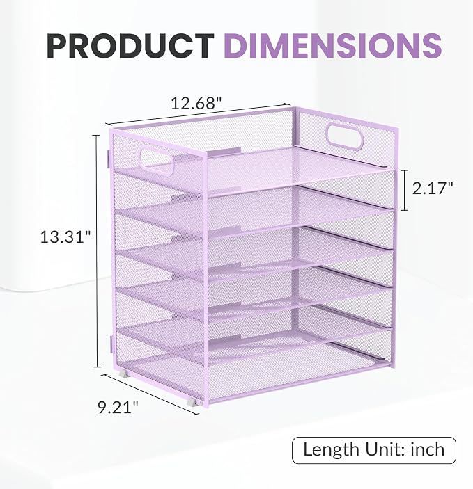 Daltack 6-Tier Paper Organizer for Desk with Handle, Purple, 2 Pack | Sturdy Metal Mesh Organizer with Movable Middle Trays and a Carry Handle for Papers, Folders and Office Supplies