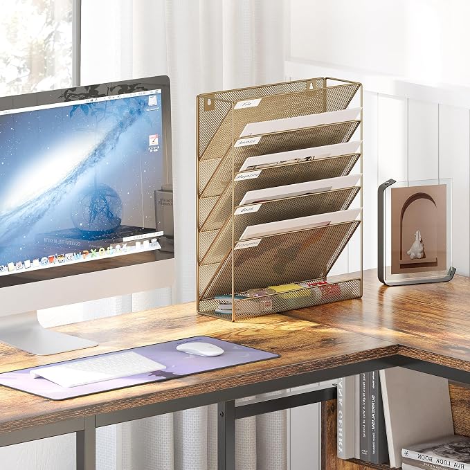 EasyPAG 5 Tier Wall File Holder, Mesh Hanging Folder Organizer with Classify Label, Versatile Desk File Holder, Vertical Wall Mounted Mail Organizer for Office Home Cubicle, Gold