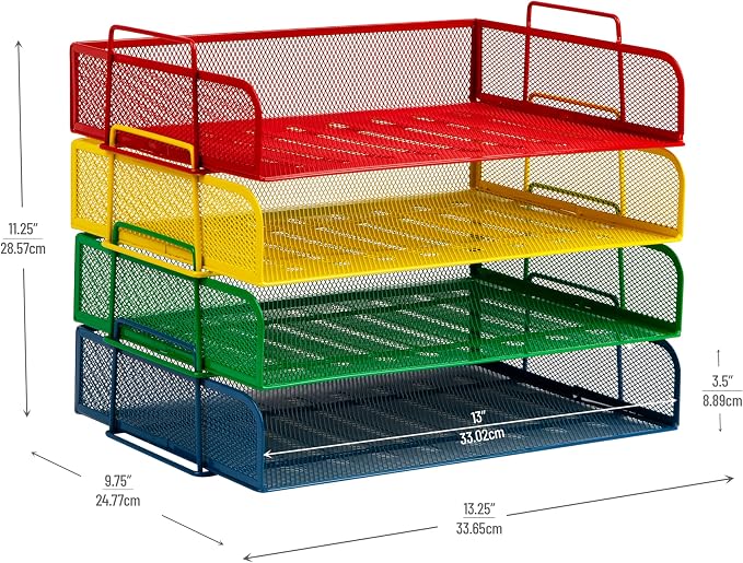 Mind Reader Stackable Paper Tray, Classroom Organizer, File Storage, Teachers, Metal Mesh, 4 Pcs., Multi-Colored