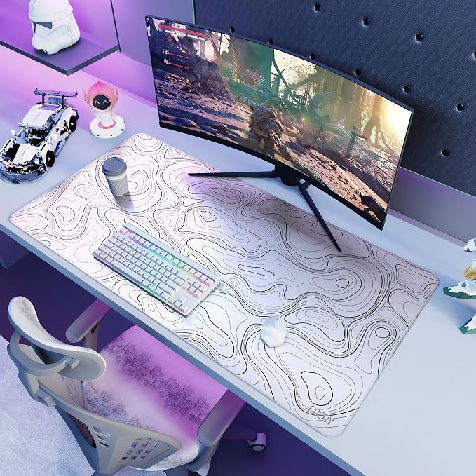 Cacoy 48"x24" White Topographic Large Gaming Mouse Pad Extended PC Desk Mat | Extra Large Computer Mouse Mat with Stitched Edges, Minimalist Contour Line Non-Slip Rubber Base Desk Pad Office Accessories