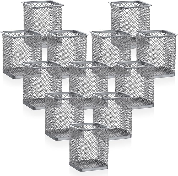 Segarty Pen Cup Holder, 12 Pack Square Silver Pen Holder for Desk, Multifuntional Mesh Pencil Cups Containers for Marker, Office Supplies, School Students, Home Desktop, Brush Organizer