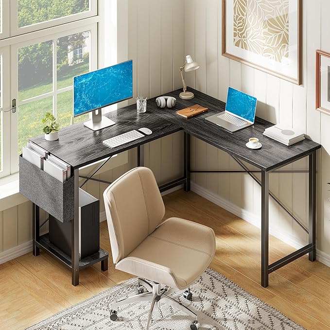Alpen Gaming Desk, Home Office L Shaped Desk, Small Computer Corner PC Table with Side Bag and Reversible Shelf, Sturdy Writing Workstation for Bedroom, Living Room, Grey