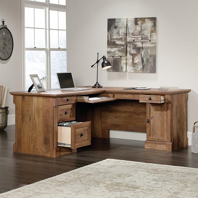 Sauder Palladia L Shaped Desk with Drawers, Office Desk with File Cabinet Storage, Cable Management, Keyboard Tray, in Vintage Oak Finish