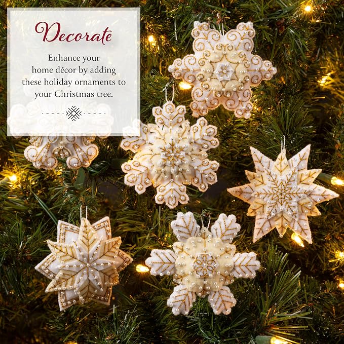 Bucilla Felt Applique 6 Piece Ornament Making Kit, Pearl Snowflakes, Perfect for Holiday DIY Arts and Crafts, 89682E
