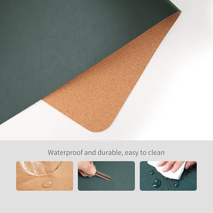RENMTURE Dual-Sided Mouse Pad, Natural Cork & PU Leather Large Desk Pad for Office and Home Work, Desk Protector Non-Slip, Waterproof, Easy Clean (Dark Green, 23.6" x 13.7")