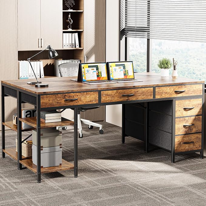 Huuger Computer Desk with 6 Drawers, Office Desk with Shelves, Reversible Gaming Desk, Large Corner Desk with Storage, Work for Home Office, Study, Living Room, 63inch, Rustic Brown