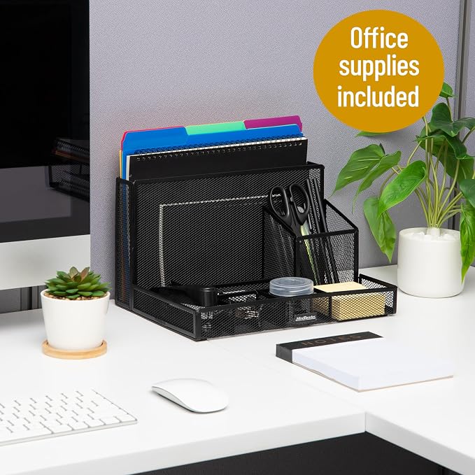 Mind Reader Desktop Organizer with Office Supplies Included, Vertical File, Storage, Metal, 12.5"L x 9"W x 7.25"H, Black
