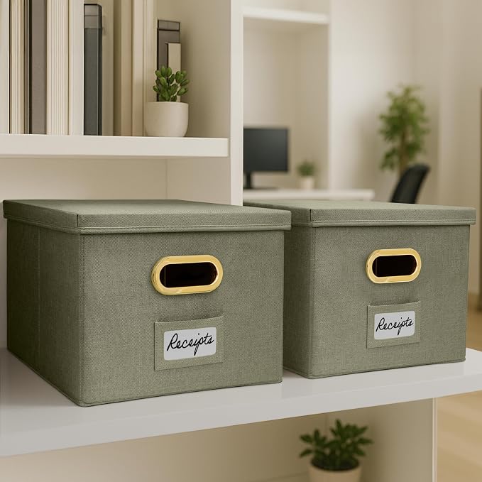 Decorative File Organizer Box Set of 2 - Collapsible Linen Filing Cabinets | Stores Documents and Hanging File Folders - Portable Office Crates with Lid and Handles for Easy Slide Access