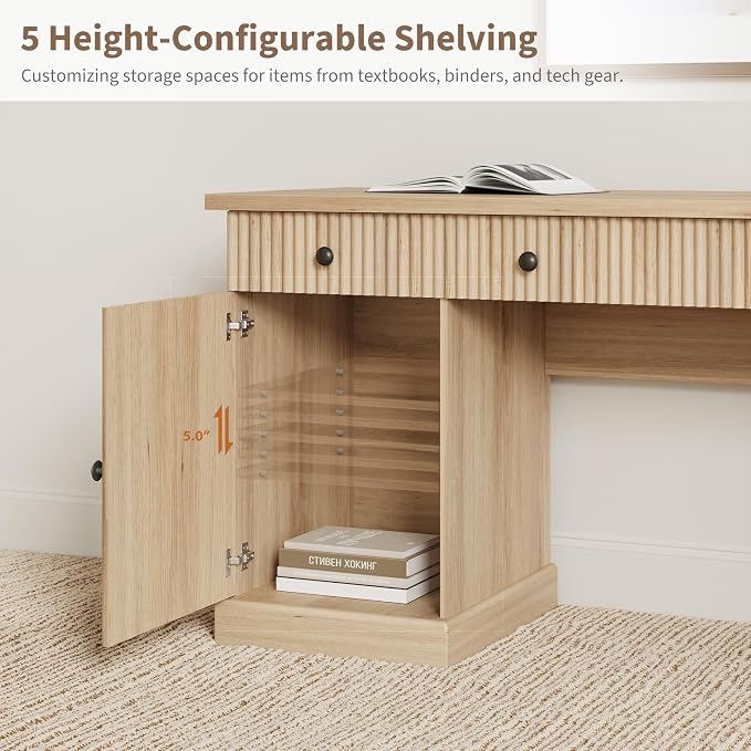 Garvee 60" Office Desk with Storage & Drawers for Home Office, Oak | Fluted Wood Executive Desk with File Drawer & Charging Station, Modern Computer Desk with Adjustable Shelves