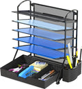 Simple Houseware 6-Tier Desk File Organizer w/Drawer & Pen Holder, Black | 5 Tilted Letter Trays for A4 Paper, Mail and Documents