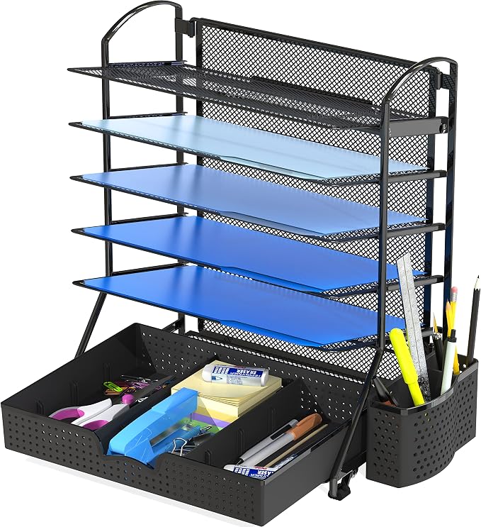 Simple Houseware 6-Tier Desk File Organizer w/Drawer & Pen Holder, Black | 5 Tilted Letter Trays for A4 Paper, Mail and Documents