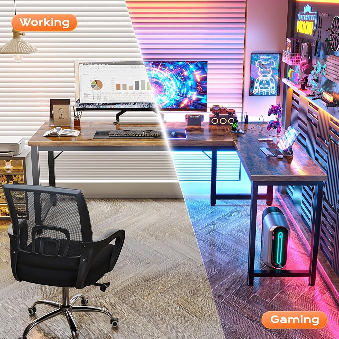 Huuger 63 Inch L Shaped Desk with Power Outlets & 0.95 Inch Thicker Desktop | Reversible Computer Desk, Larger Office Corner Gaming Desk, Metal Frame, for Home Office, Study, Rustic Brown