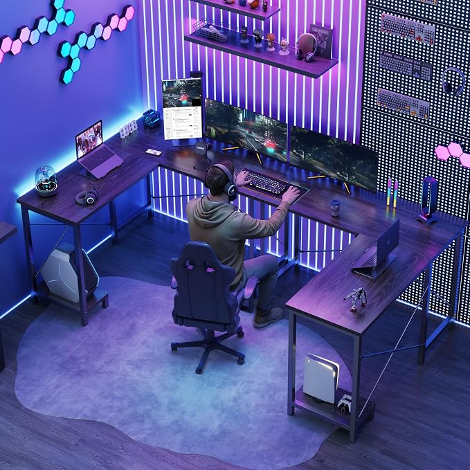 DUMOS 50-Inch Reversible L Shaped Desk with CPU Shelf, Grey | Computer Desk with Sturdy Metal Frame, Corner Gaming Desk, Home Office Desk for Study, Writing and Work, Sturdy Modern Design