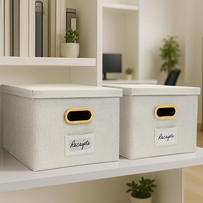 Decorative File Organizer Box Set of 2 - Collapsible Linen Filing Cabinets | Stores Documents and Hanging File Folders - Portable Office Crates with Lid and Handles for Easy Slide Access