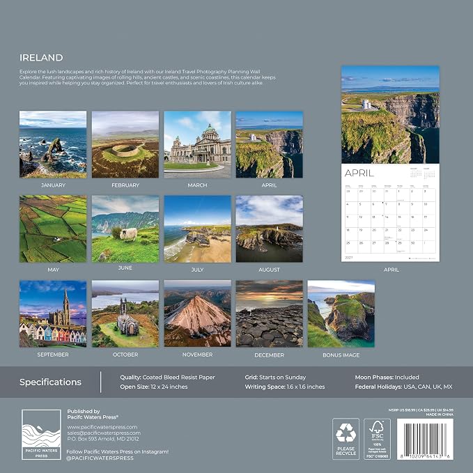 Ireland 2027 Wall Calendar, 12 x 24 Hanging Pacific Waters Press