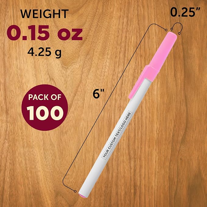 DISCOUNT PROMOS Custom Value Stick Pens Set of 100, Personalized Bulk Pack - Black Ink, Great for Office, School, Business, Tradeshows, Events - Pink