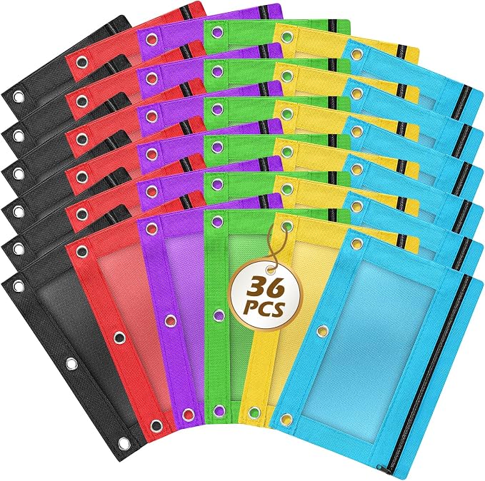Pencil Pouch for 3 Ring Binder, 36 Piece Bulk 3 Holes Zipper Pencil Pouches in 5 Assorted Colors, Clear Durable Pencil Case for School, Classroom, Office Supplies