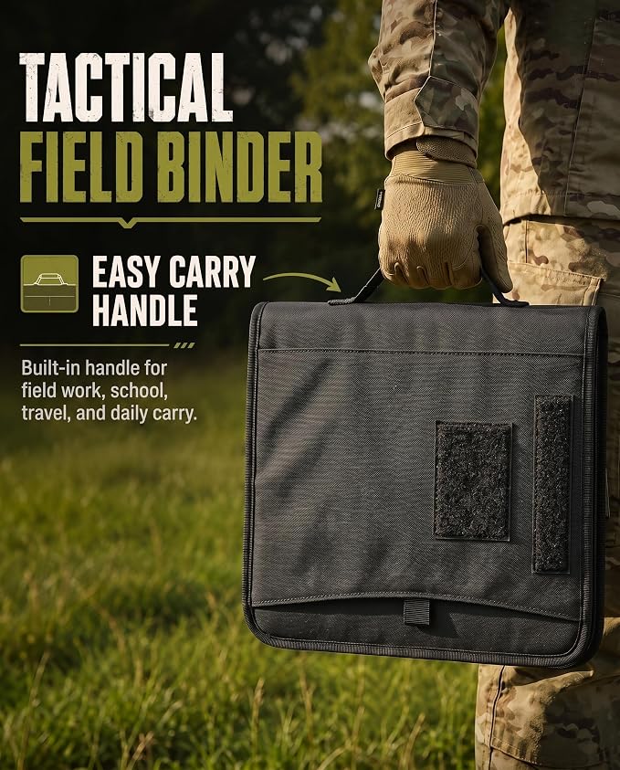 Tactical Padfolio, Detachable 3-Ring Binder with Zipper | Multi-pocket nylon organizer with carry handle, 40 letter-size sheets, pen and compass for field work, office and school