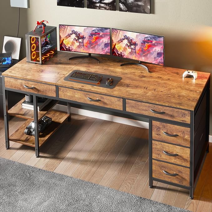 Huuger Computer Desk with 6 Drawers, Office Desk with Shelves, Reversible Gaming Desk, Large Corner Desk with Storage, Work for Home Office, Study, Living Room, 63inch, Rustic Brown