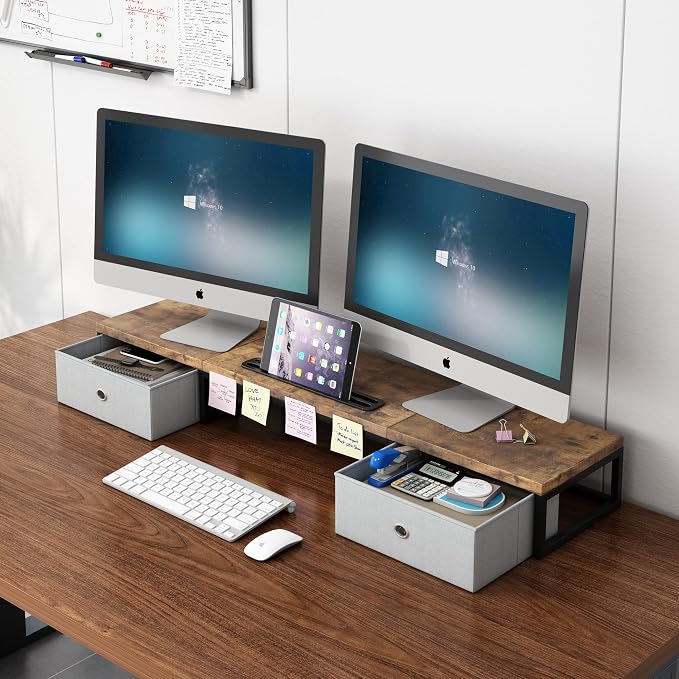 39 Inch Dual Monitor Stand Riser with 2 Drawers - Large Brown Wooden Computer Stand for 2 Monitors, Ergonomic Desk Organizer with Phone Holder, Desktop Storage for Laptop, Office Supplies, Home Office