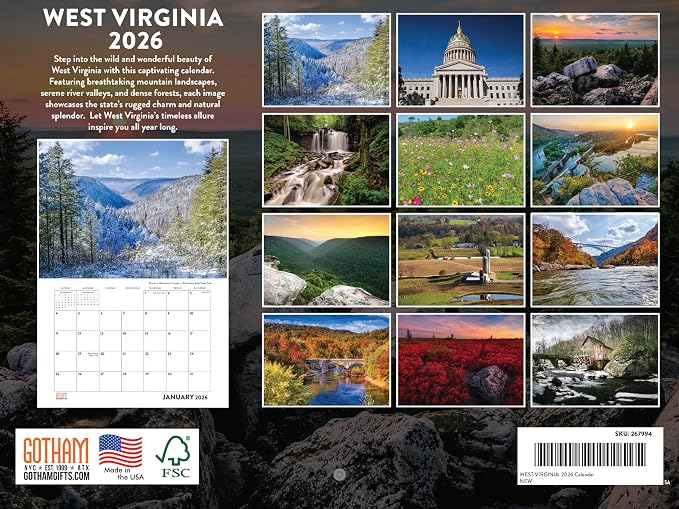 West Virginia Calendar 2026 Wall 12 Month Monthly WV Scenic Souvenirs Themed Gifts | American Made In The USA