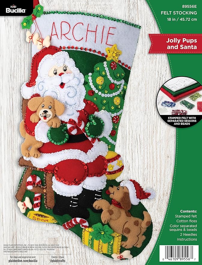 Bucilla Felt Applique 18" Stocking Making Kit, Jolly Pups Santa, Perfect for DIY Arts and Crafts, 89556E